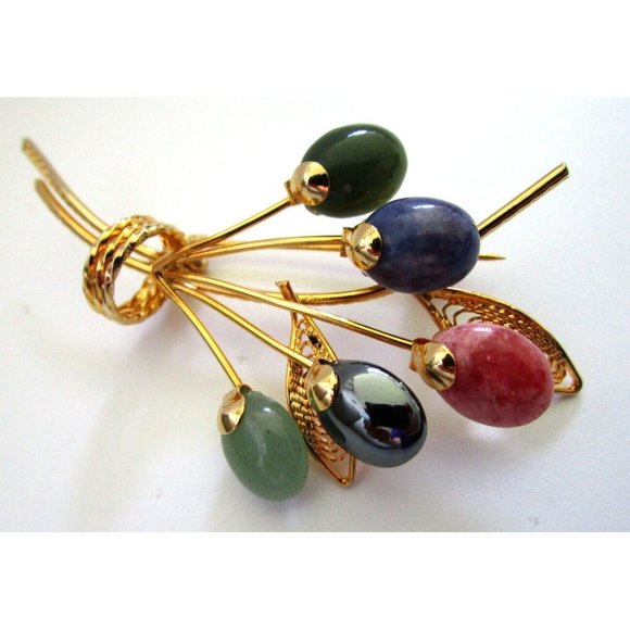 Vintage Gold Tone Flower Brooch Pin with Various Gemstone Flowers - Estate 1990s - Picture 4 of 7